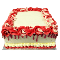 Egg Free square celebration cake with a red drip finish, red and white decorative swirls, and space for a personalised message.