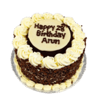 Egg Free Black Forest Celebration Cake decorated with chocolate curls, cream swirls and a personalised chocolate message plaque.