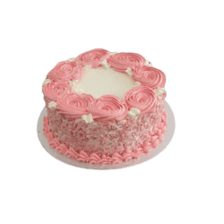 Egg Free pink rosette celebration cake with textured cream sides, pink decorative swirls and space for a personalised message.