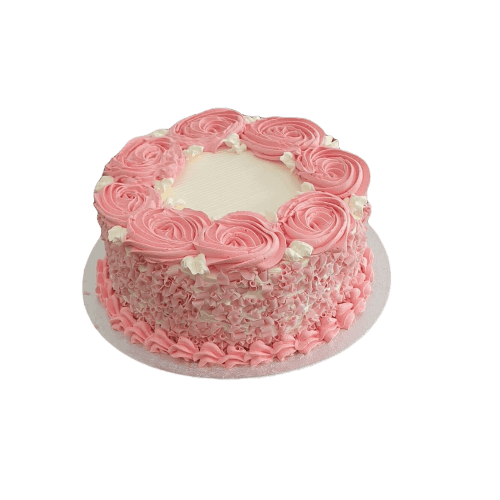 Pink Rosette Celebration Cake Egg Free pink rosette celebration cake with textured cream sides, pink decorative swirls and space for a personalised message.