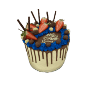 Egg Free tall chocolate drip cake decorated with fresh strawberries, chocolate sticks, chocolate pieces, chocolate pearls and a personalised message.