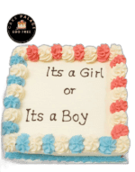 It's a Boy or It's a Girl gender reveal cake with pink and blue decorations