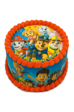 Egg Free Paw Patrol Photo Birthday Cake with vibrant edible character images, colourful cream borders and a personalised birthday message.