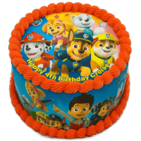 Egg Free Paw Patrol Photo Birthday Cake with vibrant edible character images, colourful cream borders and a personalised birthday message.