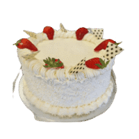 Egg Free celebration cake with white chocolate shavings, fresh strawberries, white chocolate decorations and space for a personalised message.