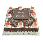 Egg Free Chocolate Strawberry Celebration Cake decorated with chocolate shavings, fresh strawberries, chocolate sprinkles and a personalised chocolate plaque.