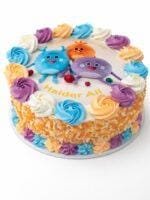 Colourful Kids Photo Birthday Cake with edible cartoon character image, pastel fresh cream swirls, white chocolate flakes, and personalised birthday message.