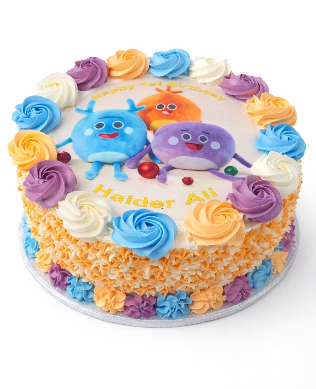 Colourful Kids Photo Birthday Cake Top view of Colourful Kids Photo Birthday Cake featuring an edible cartoon character image, pastel fresh cream swirls, and personalised birthday design.