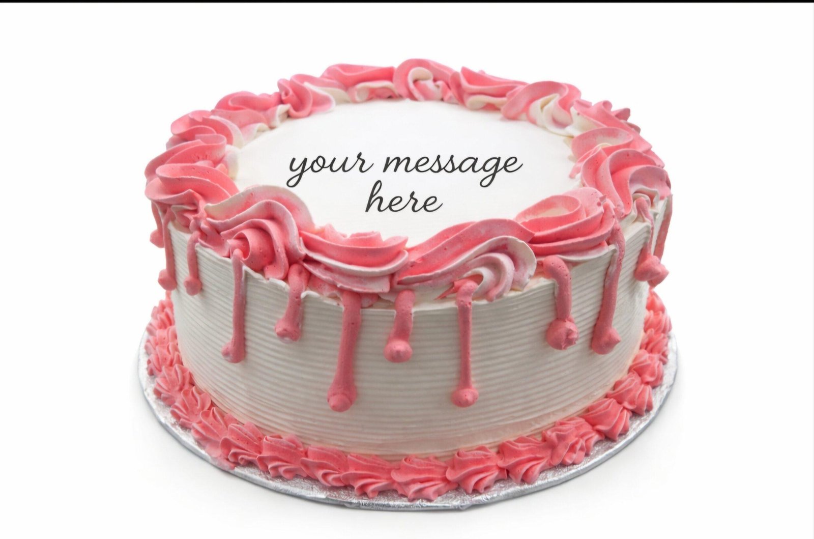 Pink Drip Fresh Cream Birthday Cake Round white fresh cream birthday cake with pink drip decoration, pink piped borders, textured sides, and a personalised message.