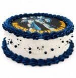 Blue Robot Photo Birthday Cake with edible robot image, navy blue fresh cream piping, white fresh cream finish, and decorative sugar pearls.