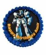 Top view of Blue Robot Photo Birthday Cake featuring an edible robot image, navy blue fresh cream border, and personalised birthday design.