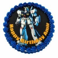 Top view of Blue Robot Photo Birthday Cake featuring an edible robot image, navy blue fresh cream border, and personalised birthday design.