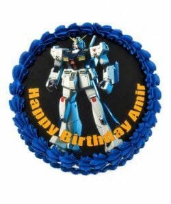Top view of Blue Robot Photo Birthday Cake featuring an edible robot image, navy blue fresh cream border, and personalised birthday design.