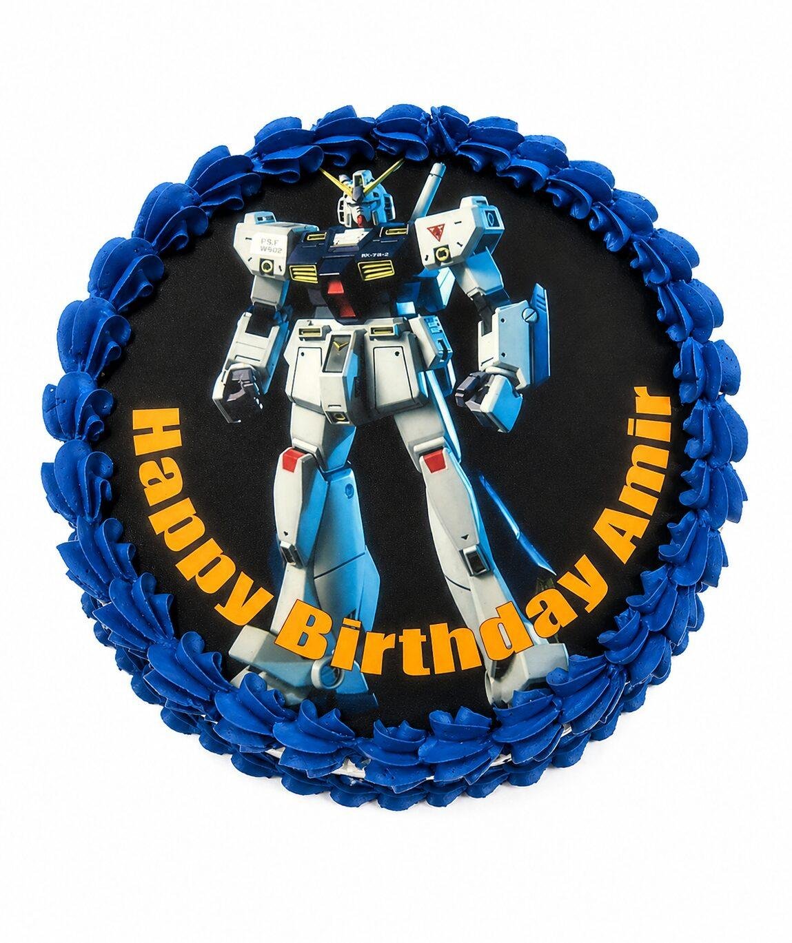 Blue Robot Photo Birthday Cake Top Top view of Blue Robot Photo Birthday Cake featuring an edible robot image, navy blue fresh cream border, and personalised birthday design.