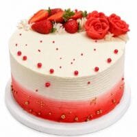 Top view of Tall Strawberry & Rose Celebration Cake with fresh strawberries, handcrafted red cream roses, elegant red and gold sugar pearls, and smooth fresh cream finish.
