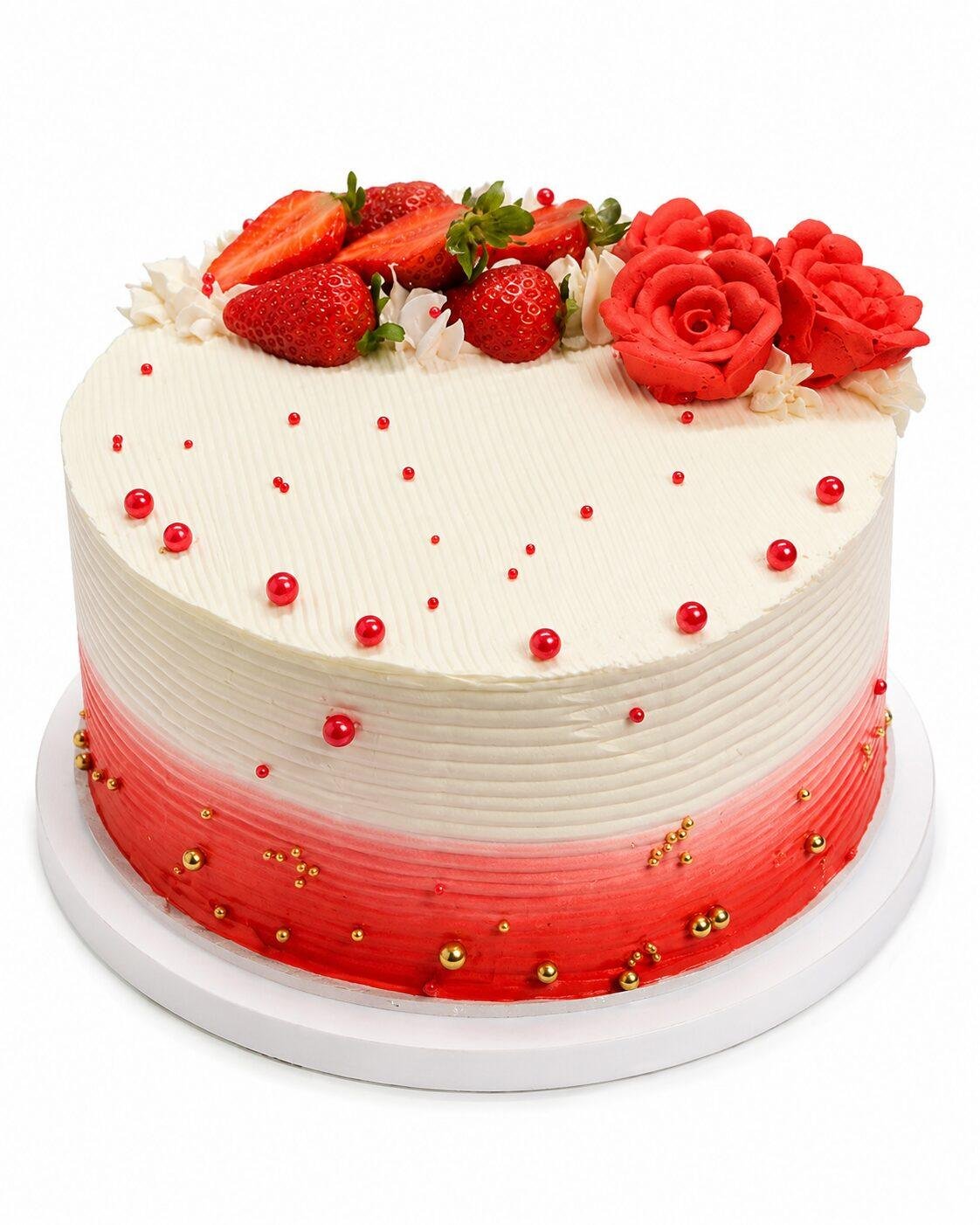 Luxury Tall Strawberry & Rose Celebration Cake Front Top view of Tall Strawberry & Rose Celebration Cake with fresh strawberries, handcrafted red cream roses, elegant red and gold sugar pearls, and smooth fresh cream finish.