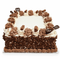 Square egg-free chocolate celebration cake decorated with fresh dairy topping, chocolate piping, premium chocolate curls covering the sides, chocolate curl pieces, decorative chocolate fans, and a large space for a personalised edible birthday message.