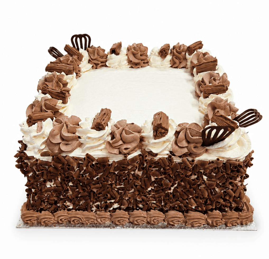 Egg-Free Chocolate Celebration Cake Square egg-free chocolate celebration cake decorated with fresh dairy topping, chocolate piping, premium chocolate curls covering the sides, chocolate curl pieces, decorative chocolate fans, and a large space for a personalised edible birthday message.