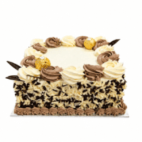 Square Ferrero chocolate celebration cake decorated with chocolate and vanilla whipped frosting rosettes, Ferrero Rocher chocolates, chocolate leaf decorations, and mixed milk and white chocolate curls covering the sides, with a smooth centre for a personalised celebration message.