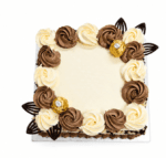 Top view of a square Ferrero chocolate celebration cake decorated with alternating chocolate and vanilla whipped frosting rosettes, Ferrero Rocher chocolates, elegant chocolate leaf decorations, and a smooth centre for a personalised birthday or celebration message.