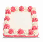 Top view of a square pink and white celebration cake featuring alternating pink and white buttercream swirls surrounding a smooth blank centre designed for a personalised edible image or celebration message.