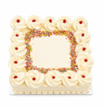 Top view of a square fresh cream celebration cake featuring piped cream rosettes with classic jam dots, a colourful rainbow sprinkles border, a smooth centre for a personalised message, and elegant fresh cream finishing, handmade by Cake Palace UK.