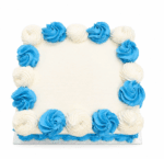 Top view of a square blue and white celebration cake featuring alternating blue and white buttercream swirls surrounding a smooth blank centre designed for a personalised edible image or birthday message.