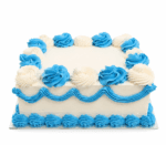 Blue and white square celebration cake with smooth vanilla cream frosting, alternating blue and white buttercream rosettes, blue wave piping around the sides, blue shell border at the base, and a large blank centre ready for a personalised edible photo or custom message.