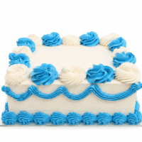 Blue and white square celebration cake with smooth vanilla cream frosting, alternating blue and white buttercream rosettes, blue wave piping around the sides, blue shell border at the base, and a large blank centre ready for a personalised edible photo or custom message.