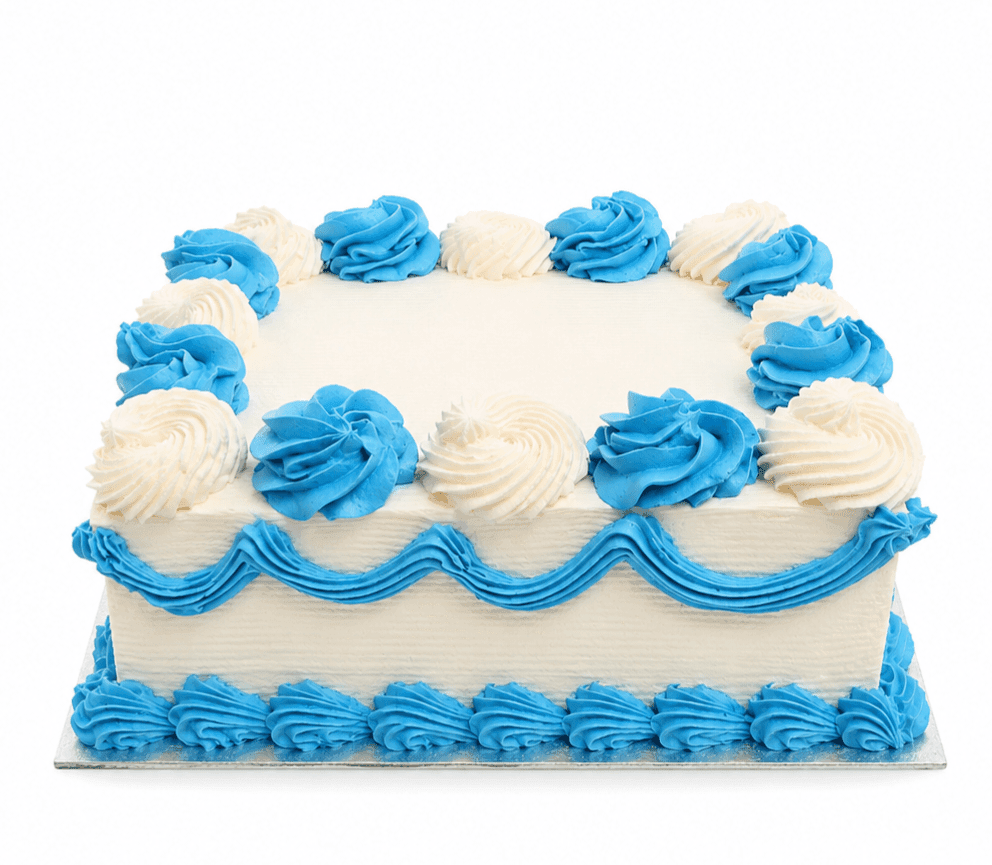 Blue & White Celebration Cream Cake Blue and white square celebration cake with smooth vanilla cream frosting, alternating blue and white buttercream rosettes, blue wave piping around the sides, blue shell border at the base, and a large blank centre ready for a personalised edible photo or custom message.