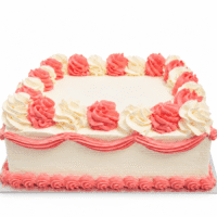 Pink and white square celebration cake with smooth vanilla cream frosting, alternating pink and white buttercream swirls, decorative pink wave piping around the sides, matching pink shell border, and a large blank centre ready for a personalised edible image or custom message.
