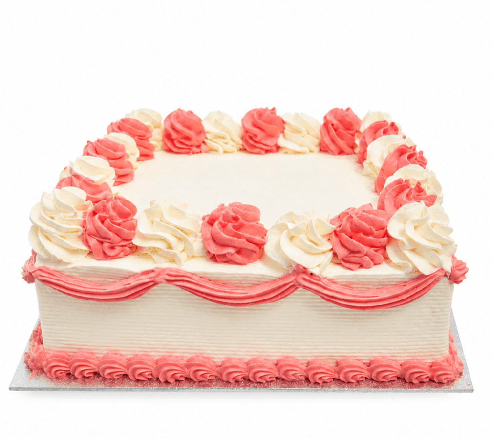 Pink & White Celebration Cream Cake Pink and white square celebration cake with smooth vanilla cream frosting, alternating pink and white buttercream swirls, decorative pink wave piping around the sides, matching pink shell border, and a large blank centre ready for a personalised edible image or custom message.