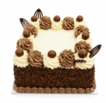 Square chocolate celebration cake with smooth vanilla cream frosting, chocolate buttercream swirls, chocolate vermicelli-coated sides, chocolate decorations, chocolate malt balls, chocolate shell border, and a large blank centre ready for a personalised edible photo or custom message.