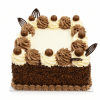 Square chocolate celebration cake with smooth vanilla cream frosting, chocolate buttercream swirls, chocolate vermicelli-coated sides, chocolate decorations, chocolate malt balls, chocolate shell border, and a large blank centre ready for a personalised edible photo or custom message.