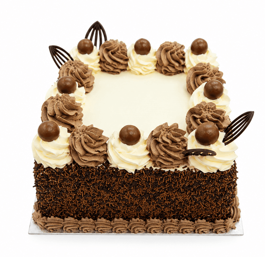 Chocolate Malt Ball Celebration Cake Square chocolate celebration cake with smooth vanilla cream frosting, chocolate buttercream swirls, chocolate vermicelli-coated sides, chocolate decorations, chocolate malt balls, chocolate shell border, and a large blank centre ready for a personalised edible photo or custom message.