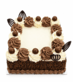 Top view of a square chocolate celebration cake featuring alternating vanilla and chocolate buttercream swirls, chocolate malt balls, decorative chocolate accents, and a smooth blank centre designed for a personalised edible photo or celebration message.