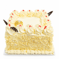 Square white chocolate celebration cake decorated with smooth vanilla cream frosting, white chocolate curls covering the sides, buttercream swirls with red jam dots, decorative chocolate accents, a Ferrero Rocher chocolate, and a blank centre for a personalised edible photo or custom message.