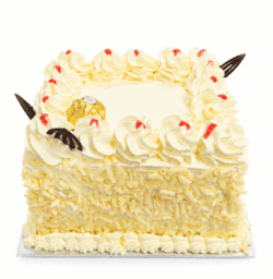 Square white chocolate celebration cake decorated with smooth vanilla cream frosting, white chocolate curls covering the sides, buttercream swirls with red jam dots, decorative chocolate accents, a Ferrero Rocher chocolate, and a blank centre for a personalised edible photo or custom message.