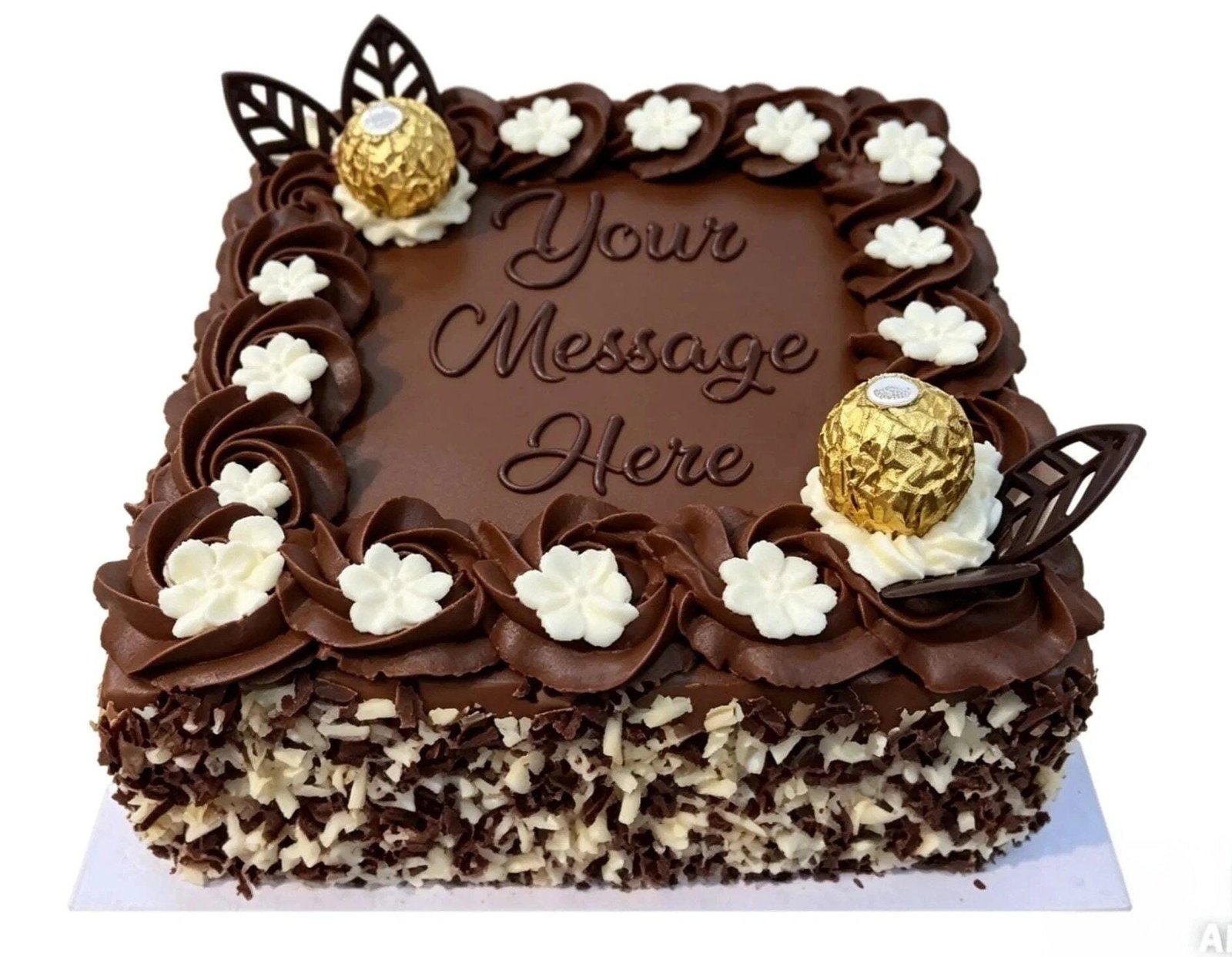 Chocolate Celebration Cake with Ferrero Rocher Square chocolate celebration cake with smooth chocolate frosting, Ferrero Rocher chocolates, chocolate leaf decorations, white cream flowers, mixed chocolate curls around the sides, and a personalised message area in the centre.