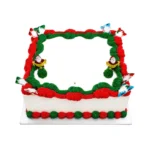 Square Christmas buttercream cake with Santa decorations and smooth white icing.