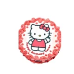 Hello Kitty photo birthday cake with edible image, pink fresh cream rosettes, floral decorations, and personalised message