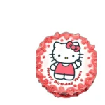 Round Hello Kitty birthday cake with edible character print and pink floral decoration