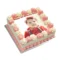 Personalised square birthday cake with a custom edible photo printed on top, finished with pink and white piped swirls around the border, smooth white icing finish, and matching pink piped base trim. Ideal for birthdays, children's parties, anniversaries, baby celebrations, and personalised cake gifts.