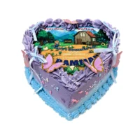 Heart-shaped Stardew Valley celebration cake with pastel lavender fresh cream, edible game image, butterflies, ribbon bows and pearl decorations by Cake Palace.