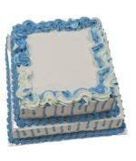 Two Tier Egg Free Blue Birthday Cake featuring a smooth cream finish, blue drip effect and custom message area.