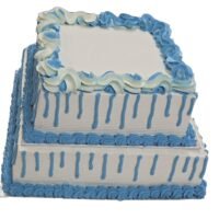 Egg Free Blue Drip Tier Celebration Cake with two square tiers, blue drip decoration and elegant blue cream swirls.