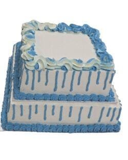 Egg Free Blue Drip Tier Celebration Cake with two square tiers, blue drip decoration and elegant blue cream swirls.