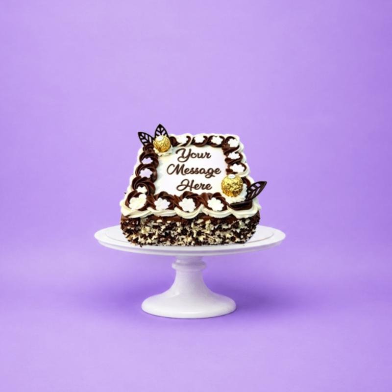 Chocolate Swirl Fresh Cream Celebration Cake Square fresh cream celebration cake decorated with chocolate and vanilla swirls, white floral piping, Ferrero Rocher chocolates, chocolate leaf decorations, milk and white chocolate shavings, and a personalised message.