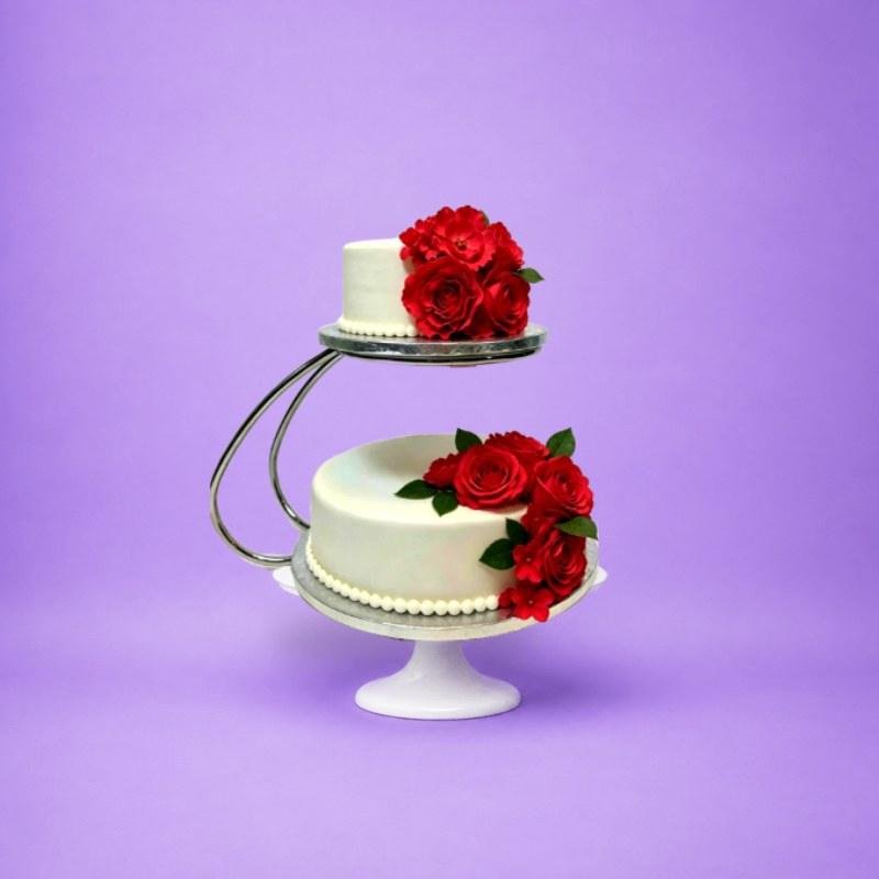 Elegant Red Rose Floating Wedding Cake Luxury two-tier fresh cream wedding cake with red rose floral decoration on floating cake stand