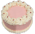 Round pink fresh cream celebration cake decorated with white fresh cream rosettes, cherry accents, and space for a personalised message.